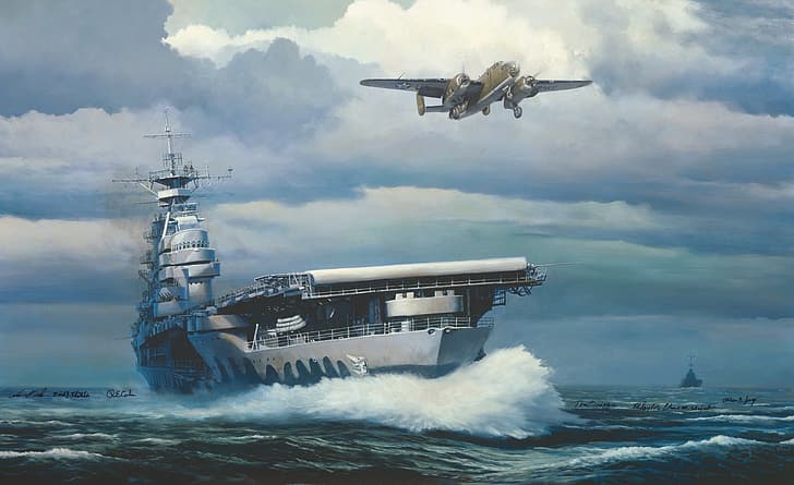 war, art, airplane, painting, aviation, carrier, b 25, HD wallpaper