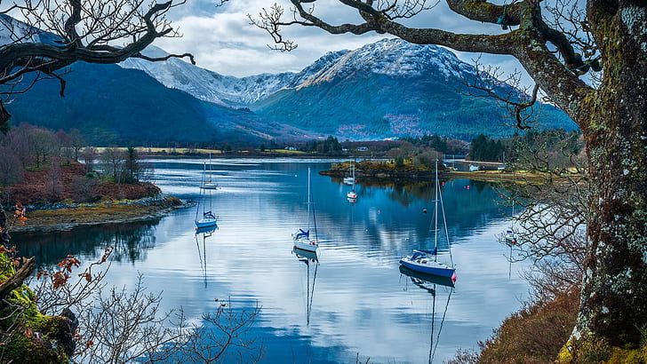 пейзаж, природа, платноходки, езеро, планини, отражение, Шотландия, есен, сняг, гора, къща, Великобритания, Лох Левен, HD тапет