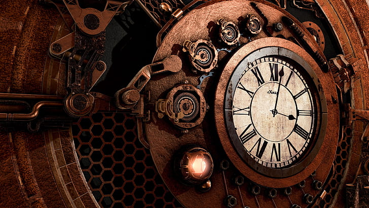 clock, vintage, steampunk, gears, antique, wall clock, HD wallpaper