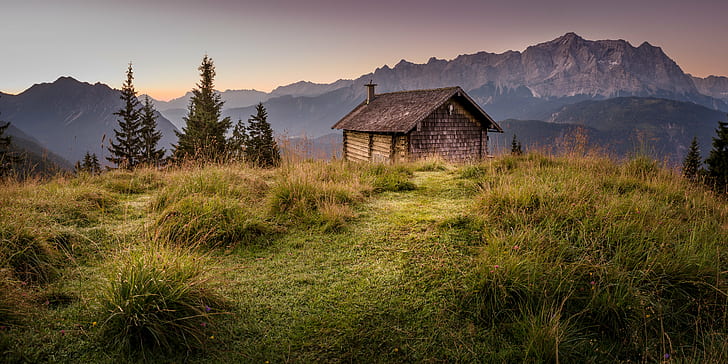 brown wooden house on top of mountain during golden hour, house, on top, golden hour, Alm, Bavaria, Bayern, Beautiful, Germany, Gras, HD, Pentax, Fa, 70mm, F2.8, SDM, WR, K-1, Landscape, Morgenrot, Mountain, Schellschlicht, Waxenstein, Zugspitze, alpine, blue, countryside, floral, hiking, morning, nobody, outdoor, outside, rustic, scenery, sun, sunrise, top, trees, wetterstein, nature, forest, outdoors, european Alps, mountain Peak, scenics, sunset, summer, tree, HD wallpaper