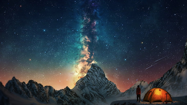 Fantasy, Sky, Aurora Australis, Camping, Comet, Mountain, Snow, Stars, HD wallpaper