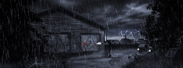 ملصق منزل ورعد ، فن خيالي ، عمل فني ، بندقية ، دم ، مطر ، عاصفة، خلفية HD