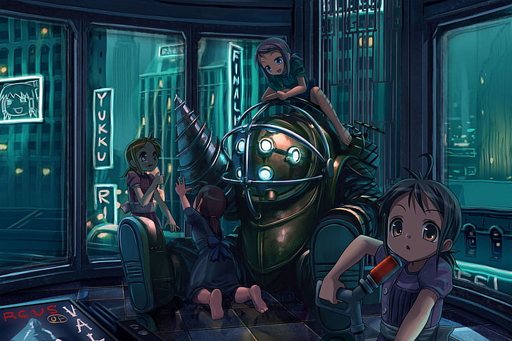 animated illustration of four girls, BioShock 2, BioShock, Big Daddy, Little Sister, video games, anime girls, HD wallpaper