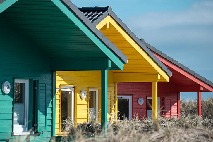 색깔, 화려한, 컨트리 하우스, 모래 언덕, 녹색, Helgoland, 돈, 빨간, 지붕, 휴가, 목조 주택, HD 배경 화면