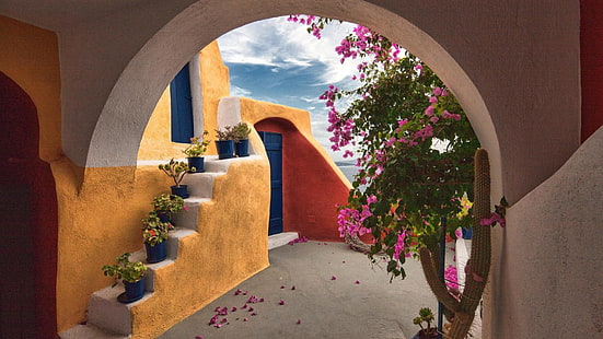 Byggnader, hus, båge, arkitektur, buske, dörr, Grekland, konstgjorda, rosa blomma, växt, Santorini, HD tapet HD wallpaper