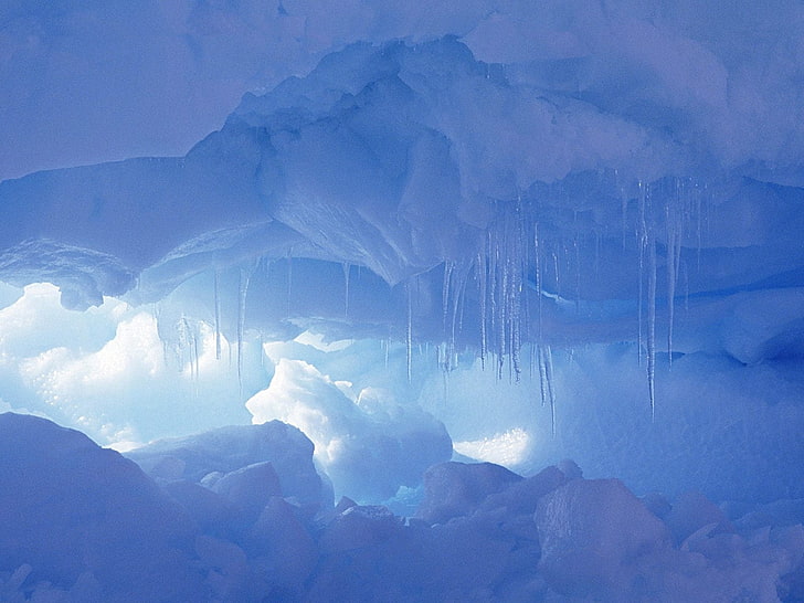 ледена пещера, ледени висулки, сняг, пещера, студ, HD тапет