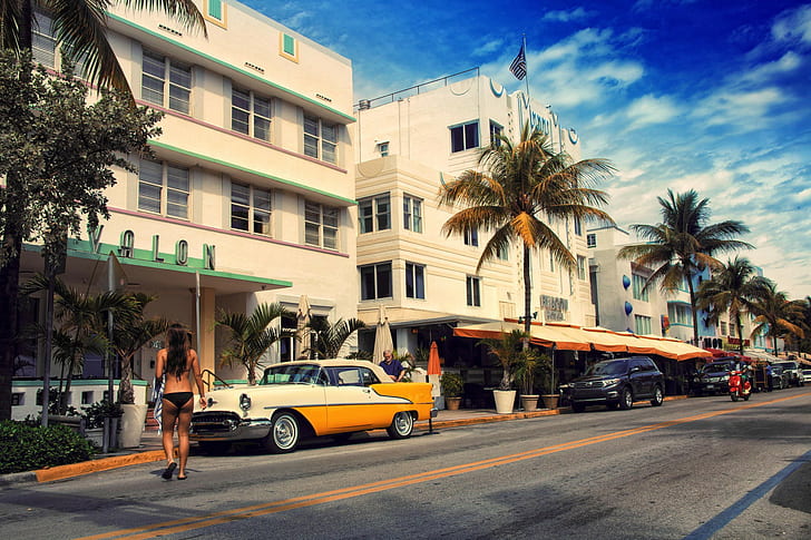 Miami, Flórida, Ocean Drive, cupê branco e amarelo, Ocean Drive, EUA, vice city, Flórida, Miami, HD papel de parede