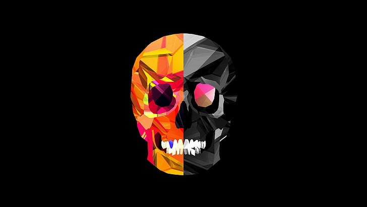 illustration de crâne gris et orange, crâne, Justin Maller, noir, Fond d'écran HD