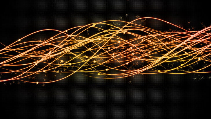yellow and red spiral digital wallpaper, digital art, abstract, light trails, waves, dots, black background, HD wallpaper