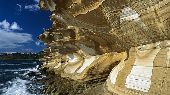 brun klippformation, natur, sten, Australien, hav, vågor, moln, klippa, landskap, HD tapet HD wallpaper