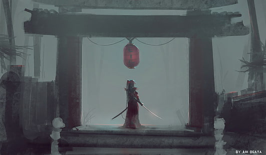 Фантазия, самурай, момиче, кимоно, меч, HD тапет HD wallpaper