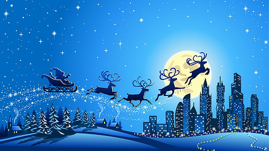 Ano Novo Feliz Natal, cidade, lua cheia, feliz natal, rena, ano novo, HD papel de parede HD wallpaper