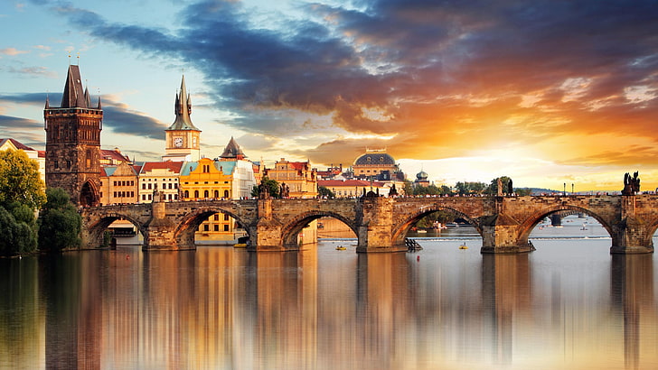bridge, charles bridge, reflection, landmark, sky, tourist attraction, city, czech republic, cityscape, europe, tourism, river, water, prague, HD wallpaper