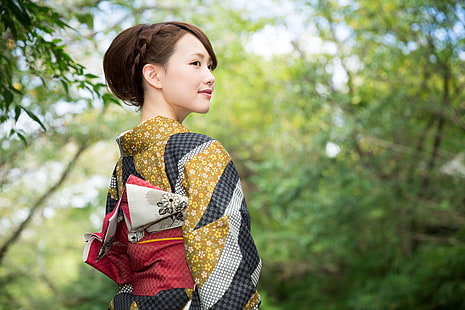 women's yellow, black, and red floral kimono, look, nature, smile, style, Japanese, girl, kimono, bokeh, wallpaper., beautiful background, elegant Asian, beautiful girl, Asami, outfit dress kimono, HD wallpaper HD wallpaper