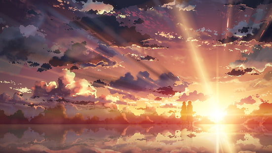 papel de parede nascer do sol, anime, Sword Art Online, meninas anime, pôr do sol, Yuuki Asuna, sol, nuvens, água, HD papel de parede HD wallpaper