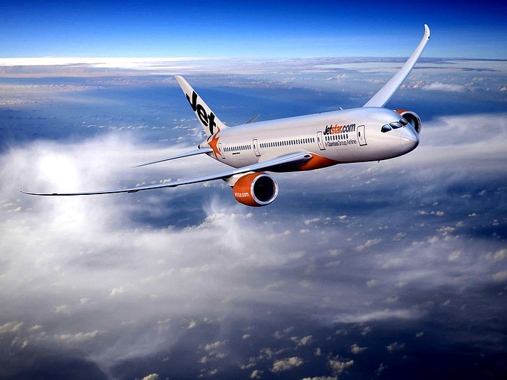white and orange airplane, The sky, Clouds, The plane, Flight, Height, Airways, Jetstar, HD wallpaper