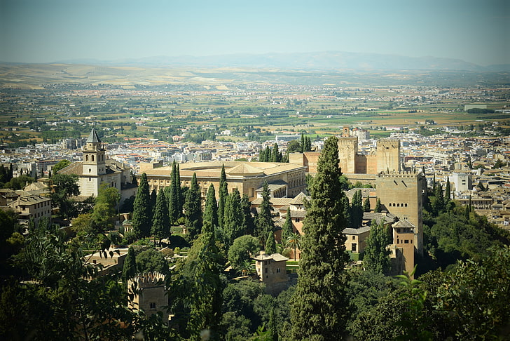 green trees, alhambra, granada, spain, city, top view, HD wallpaper