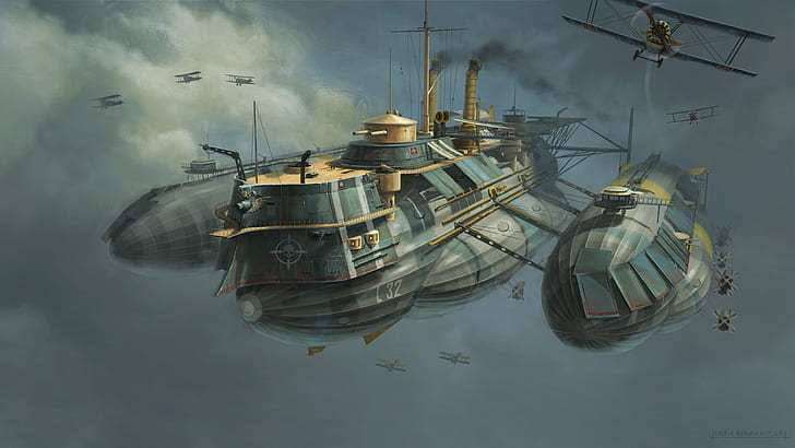 Figure, Aircraft, The ship, Art, Fiction, Concept Art, WW1, Eddie Bennun, Ilustration, Flying Ironclad, Air Ship, by Eddie Bennun, HD wallpaper