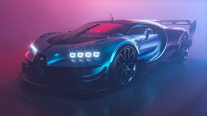 Bugatti Chiron, Bugatti, Vision Gran Turismo, supercar, kendaraan, mobil, cahaya redup, mobil biru, kabut, Wallpaper HD, Wallpaper HD