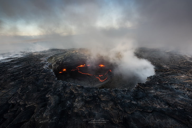 volcan, lave, Hawaï, cratère, île, fumée, rochers, Tom Kualii, Fond d'écran HD