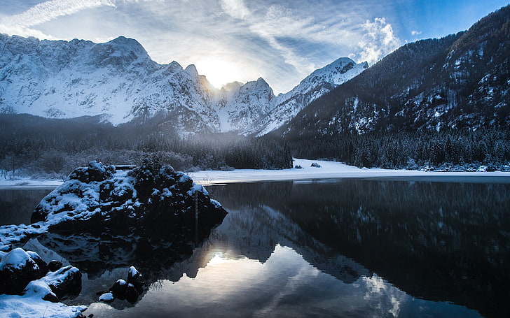 пейзаж, природа, Алпи, зима, планини, отражение, сняг, HD тапет