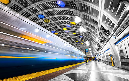 Stasiun Subway Dalam Eksposur Panjang, ubin lantai hitam dan abu-abu, eksposur panjang, kereta bawah tanah, kereta api, stasiun, lampu, alam, dan lanskap, Wallpaper HD HD wallpaper