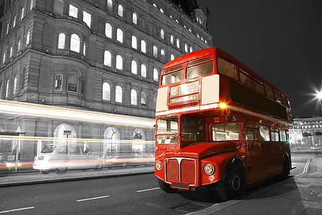 red and white double decker bus, road, night, city, the city, lights, black and white, street, England, London, blur, bus, HD wallpaper HD wallpaper