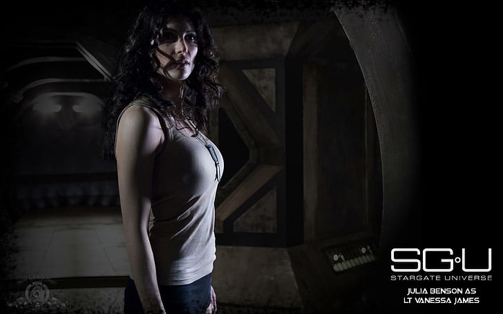 Julia Benson em Stargate Universe, camiseta cinza feminina, julia, universo, stargate, benson, série de tv, HD papel de parede