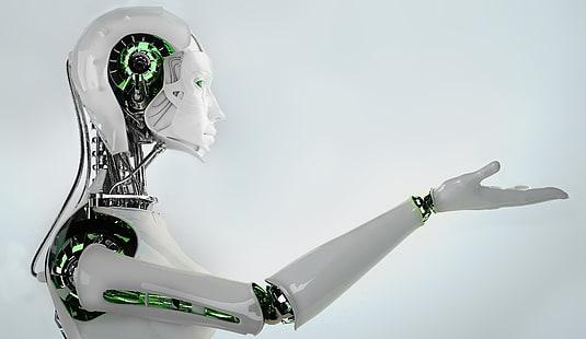 روبوت أبيض وأخضر ، خلفية بسيطة ، إنسان آلي ، فن رقمي ، آلة ، ذكاء اصطناعي ، تكنولوجيا ، تكنولوجيا عالية، خلفية HD HD wallpaper