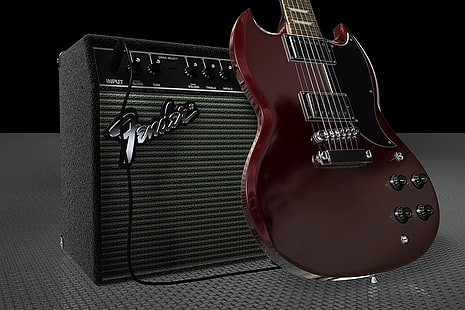 赤いSGタイプのエレキギターと黒いフェンダーアンプ、音楽、ギター、 HDデスクトップの壁紙 HD wallpaper
