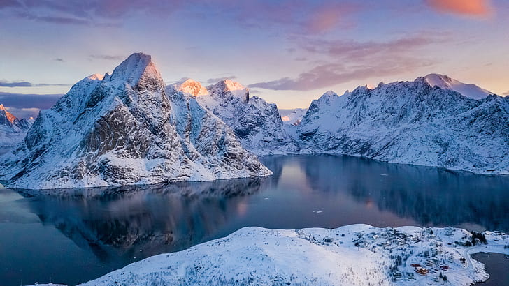 Norvegia, montagne, inverno, neve, baia, Sfondo HD