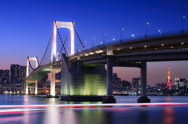 Japan, Tokyo, Capital, Metropolis, Bridge, Lights, Lighting, Shutter speed, Bay, Houses, Buildings, Tower, Night, Blue, Sky, HD wallpaper