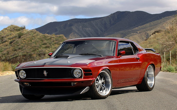 Ford Mustang rouge et noir coupé, gué, mustang, muscle car, rouge, vue latérale, Fond d'écran HD
