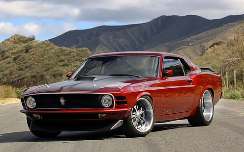 merah dan hitam Ford Mustang coupe, ford, mustang, muscle car, merah, tampilan samping, Wallpaper HD HD wallpaper