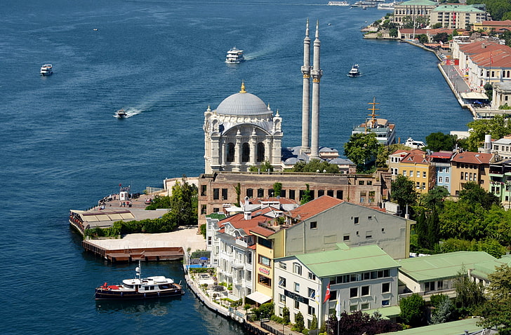 white mosque, Strait, shore, mosque, Istanbul, Turkey, The Bosphorus, HD wallpaper