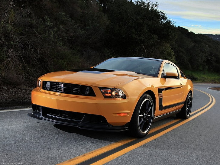 orange and black sports car, Ford Mustang Boss 302 Laguna Seca, Ford Mustang, Ford USA, boss 302, orange, HD wallpaper