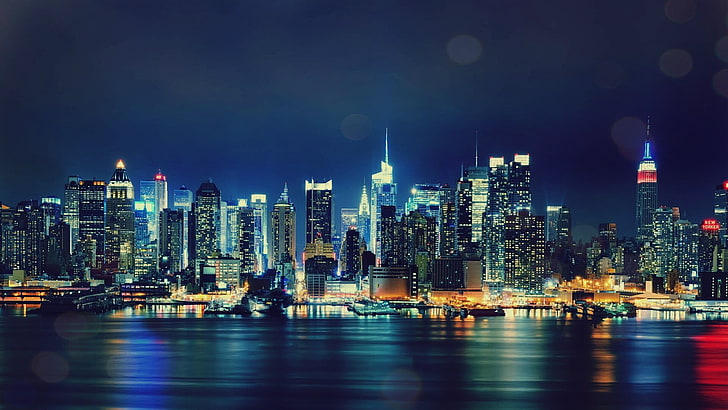 high-rise building city digital wallpaper, city, New York City, night, HD wallpaper