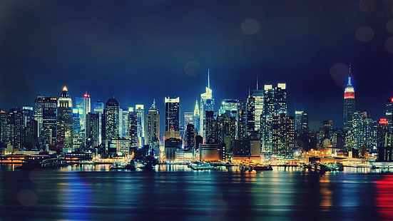 고층 빌딩 도시 디지털 벽지, 도시, 뉴욕시, 밤, HD 배경 화면 HD wallpaper