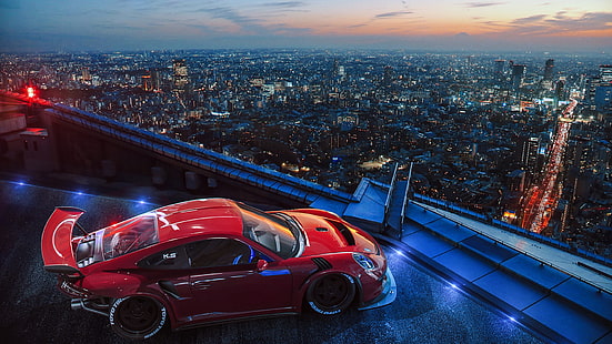 Porsche, cidade, ajuste, futuro, Ligth, por Khyzyl Saleem, HD papel de parede HD wallpaper