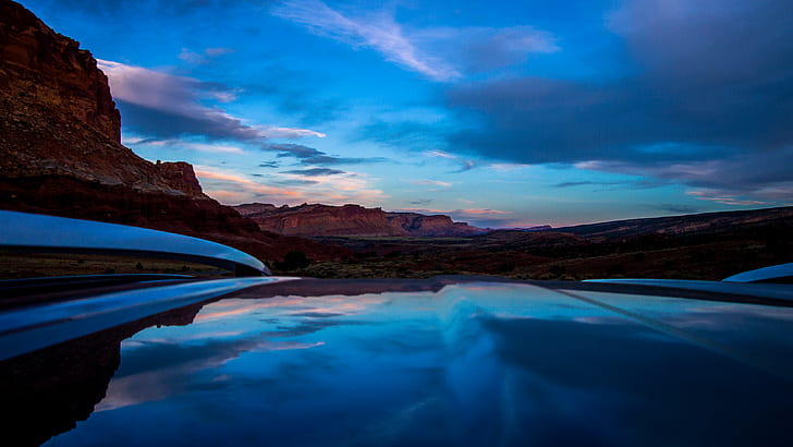 blue skies with clouds photo, Reflection, top, car, blue skies, clouds, photo, dark  blue, mountain, national  park, utah, usa, road  trip, scenic, rav4, capitol  reef, canyon, night, sunset, creativecommons, american  west, western  desert, nature, landscape, scenics, outdoors, beauty In Nature, travel, HD wallpaper