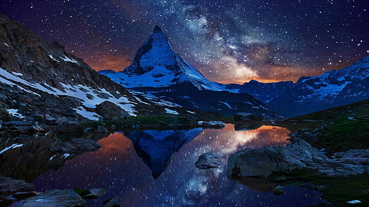 zjawisko, Riffelsee, Europa, ciemność, Zermatt, zamontować krajobrazy, krajobraz, skała, noc, natura, Szwajcaria, pasmo górskie, Matterhorn, góra, Droga Mleczna, atmosfera, niebo, Tapety HD