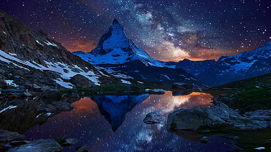 zjawisko, Riffelsee, Europa, ciemność, Zermatt, zamontować krajobrazy, krajobraz, skała, noc, natura, Szwajcaria, pasmo górskie, Matterhorn, góra, Droga Mleczna, atmosfera, niebo, Tapety HD HD wallpaper