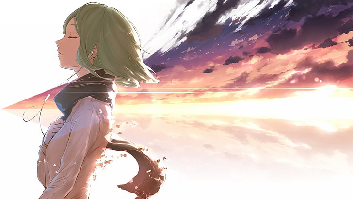 green haired female anime character, anime, scarf, Vocaloid, Megpoid Gumi, anime girls, hand on heart, headphones, green hair, smiling, closed eyes, HD wallpaper