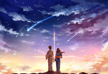 shooting stars, Anime, Your Name., Kimi No Na Wa., Mitsuha Miyamizu, Taki Tachibana, HD wallpaper HD wallpaper