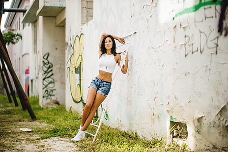 woman wearing white crop-top, women, white tops, jean shorts, skinny, wall, shoes, HD wallpaper HD wallpaper