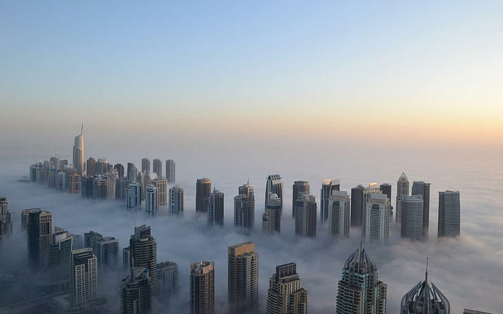 Dubai covered in fog, city skyline of high rise buildings, world, 2560x1600, dubai, united arab emirates, HD wallpaper