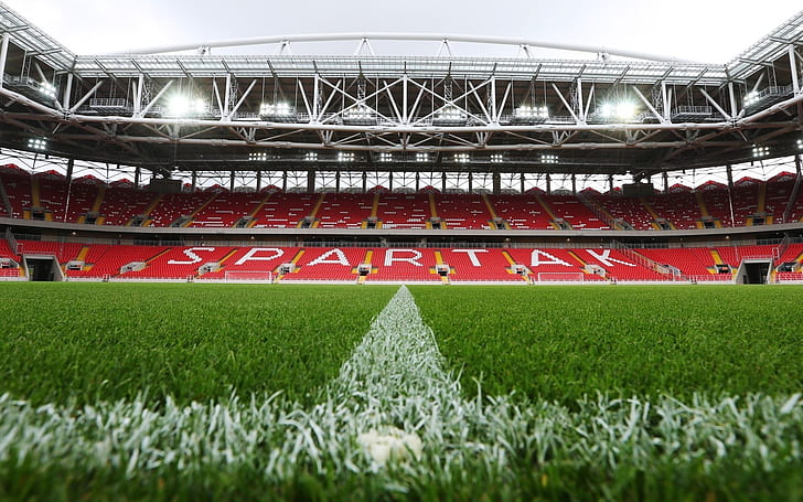 FC Spartak Stadium, football field, lawn, lights, green soccer field, FC, Spartak, Stadium, Football, Field, Lawn, Lights, HD wallpaper