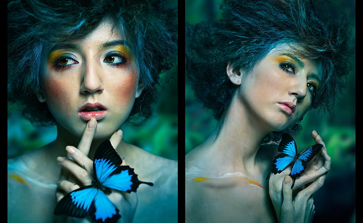 Artistic Portrait, Ulysses butterfly and a woman collage, Aero, Creative, Portrait, Artistic, HD wallpaper