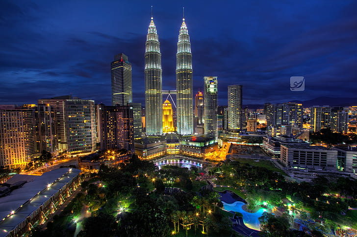 マレーシア、夜、ペトロナスタワー、都市景観、 HDデスクトップの壁紙