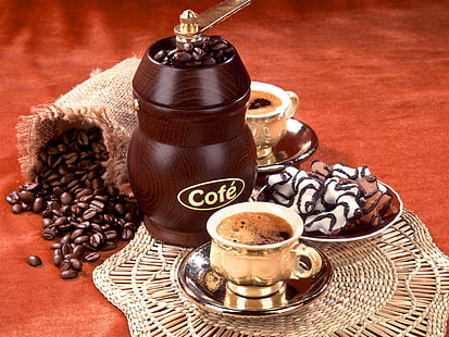 brun Cofe kaffekvarn och kopp, kaffebönor, kaffe, kaffekvarn, kakor, HD tapet HD wallpaper